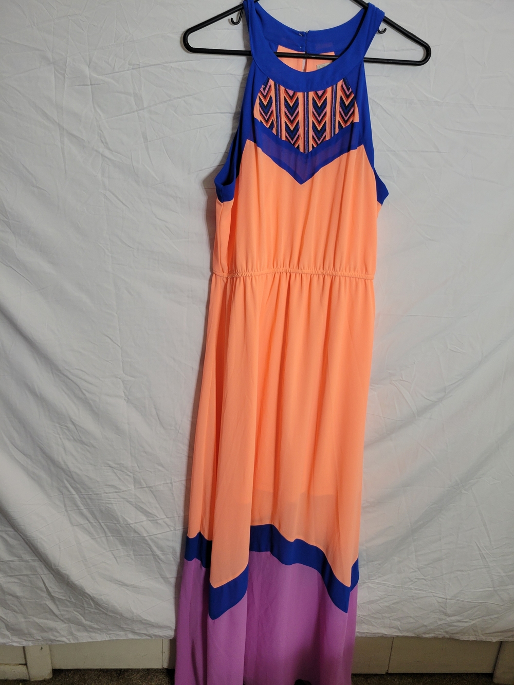Gianni Bini Colorblock Halter Maxi Dress in Blue & Peach